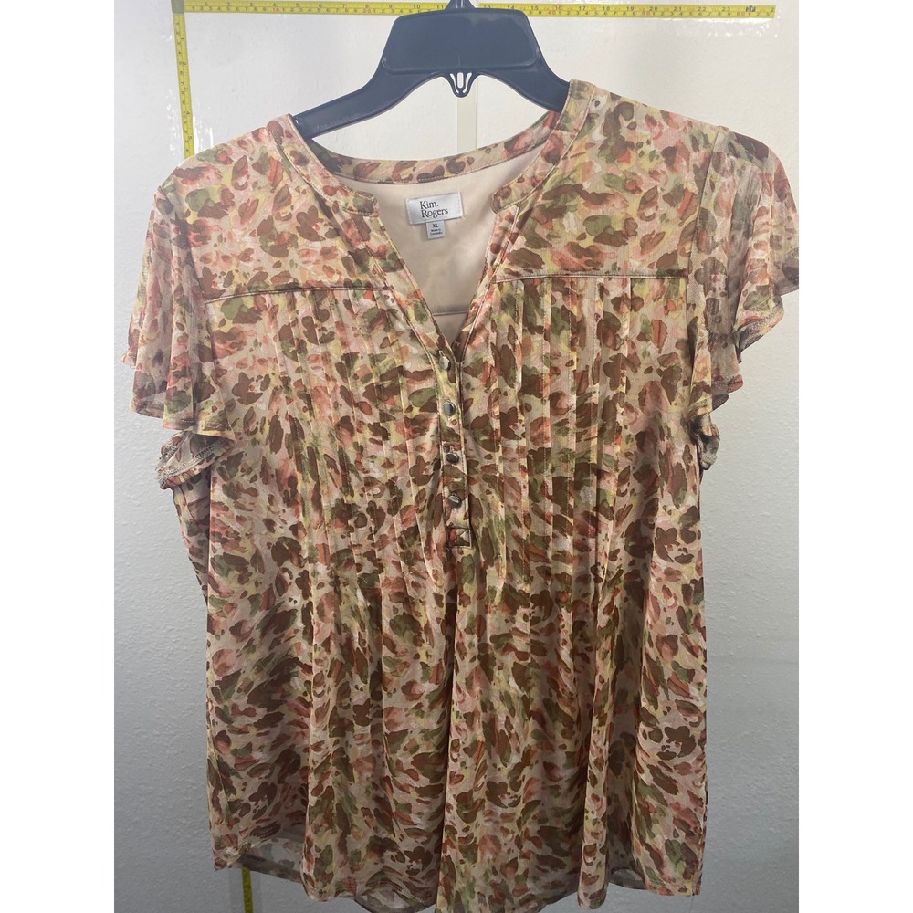 Kim Rogers XL Blouse Short Sleeve Mesh Overlay Pintuck Henley Abstract Print Top